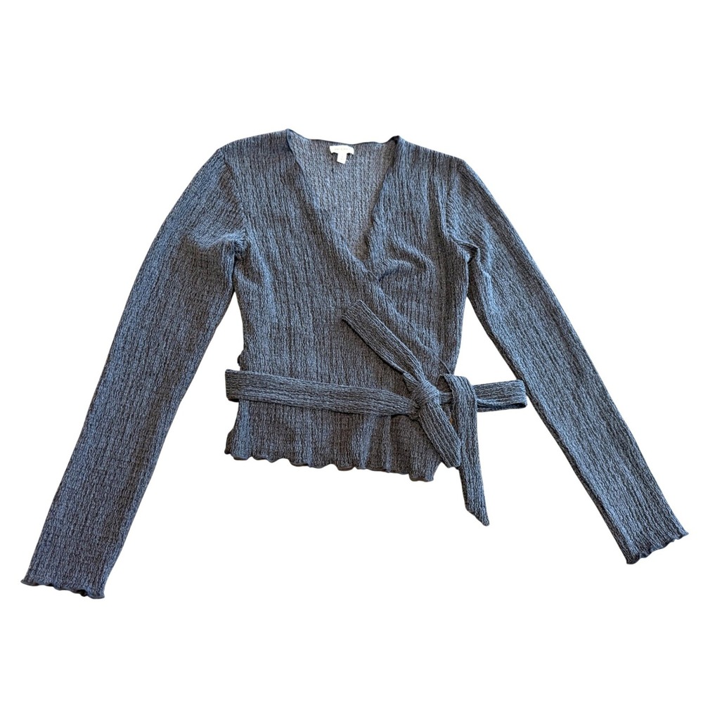 Pilcro by Anthropologie Wrap Top Textured Knit Small Grey V-Neck Layering